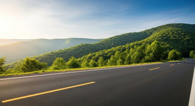 Empty asphalt highway road stretching through a lush green mountain forest landscape under a bright blue sky on a sunny summer day