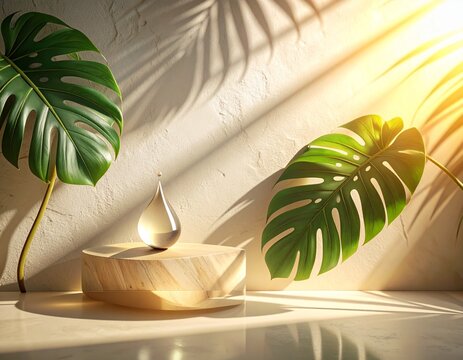Warm natural light with tropical foliage shadows and suspended clear droplet