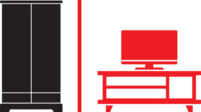 Minimalist vector graphic showing a black wardrobe on the left, separated by a vertical red line from a red television on a media stand on the right.