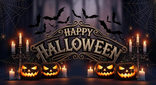 Enchanting Happy Halloween banner with glowing jack-o'-lanterns, flying bats, and flickering candles creating a mystical, spooky night celebration