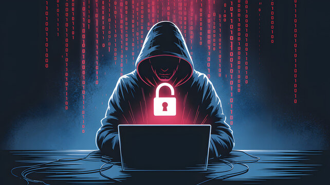 Hacker in hoodie with glowing lock symbol on laptop screen during digital data breach concept