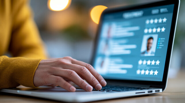 Close-up of a recruitment and resume evaluation showing digital resumes rated by stars on a computer, performance-based hiring concept, resume rating photography, modern