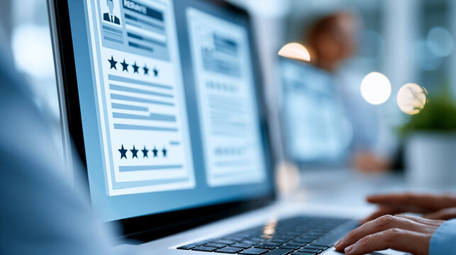 Close-up of a recruitment and resume evaluation showing digital resumes rated by stars on a computer, performance-based hiring concept, resume rating photography, modern