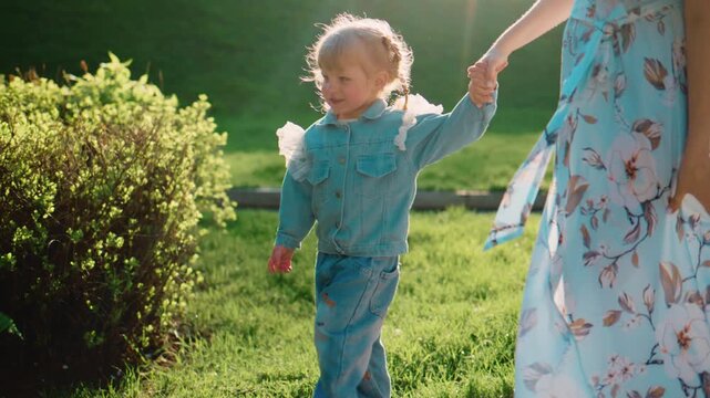 Young child walks beside an adult, holding hands. They move slowly along a garden path. Sunlight glows warmly around them. Green grass and bushes surround the scene. The child looks focused
