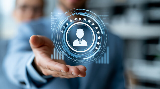 Close-up of a businessman holding a holographic user profile icon surrounded by rating stars and analytics charts, HR management concept, holographic profile photography,