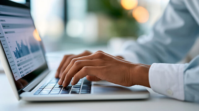 Close-up of a hiring recruiter typing on a laptop to screen resumes and compare skills dashboards, skills-based hiring concept, recruiter laptop photography, talent acquisition