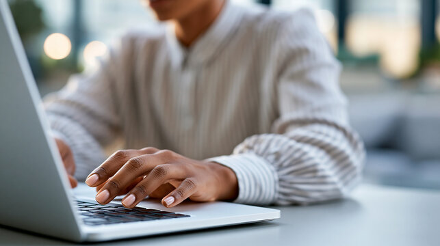 Close-up of a hiring recruiter typing on a laptop to screen resumes and compare skills dashboards, skills-based hiring concept, recruiter laptop photography, talent acquisition