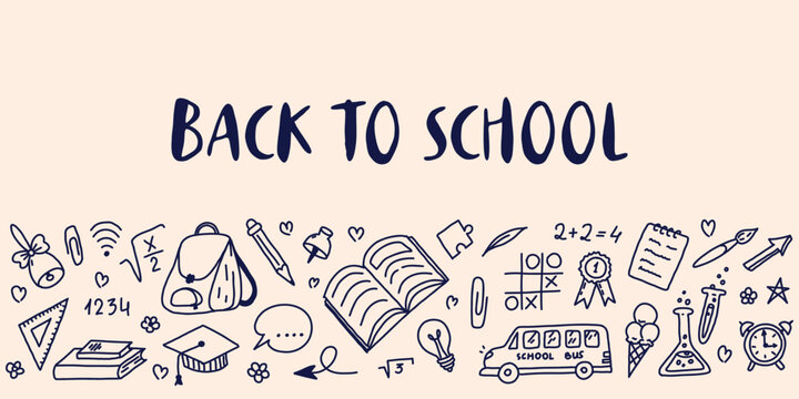Back to school hand drawn doodle illustration with education icons books pencil backpack school bus math symbols and learning elements on light background