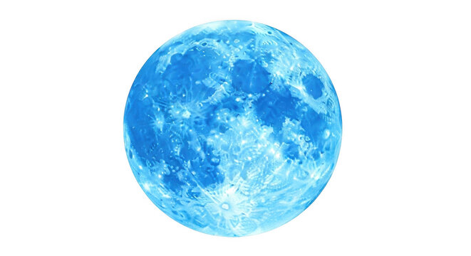 A bright, glowing full moon with detailed craters and surface textures, rendered in shades of vibrant cyan and blue against a solid black