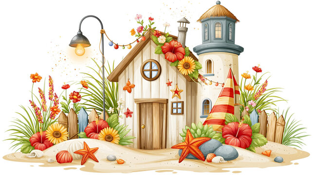 A whimsical beach house and lighthouse illustration nestled in sand, adorned with vibrant hibiscus, sunflowers, and starfish
