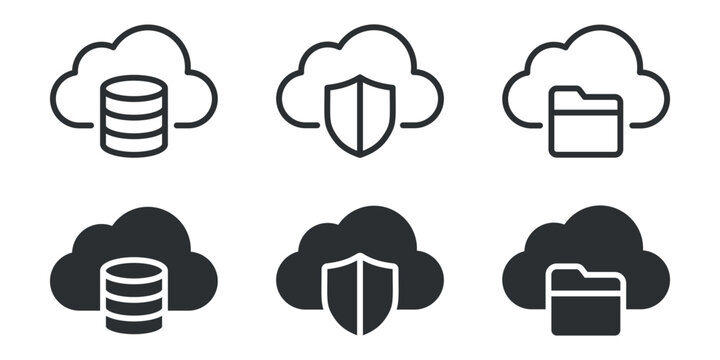 Cloud storage icons set: database, security shield, and folder symbols.