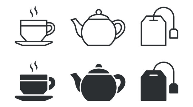 Tea icons: cup, teapot, teabags in minimalist black and white design.