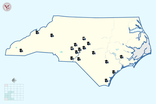 North Carolina map showing popular university towns with graduation cap icons education vector