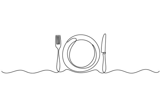 Vector art of dinner setting with plate fork knife single line white background line drawing one restaurant tableware minimalist continuous illustration breakfast culinary appetite