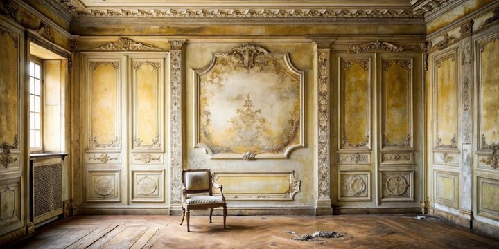 A solitary chair in a grand, antique room with ornate walls, aged paneling, and a faded, elegant mural; sunlight streams in through a window, illuminating dust motes dancing in the air.