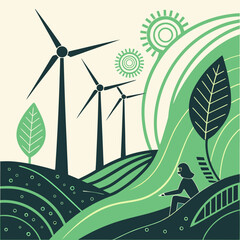 Stylized landscape with wind turbines green rolling hills a lone figure observing the scene wind turbine renewable energy eco friendly dark green landscape sustainability electricity © Monir