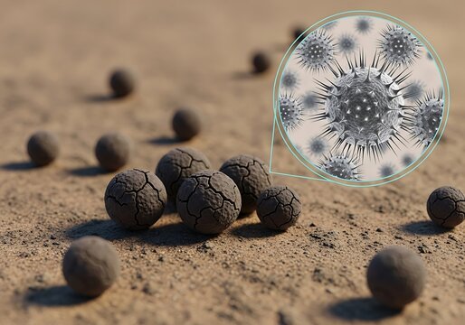 Dry cracked earth balls with magnified virus illustration nearby