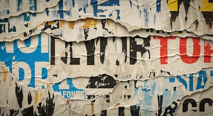 Fototapeta premium Torn Layered Street Posters Revealing Typography on Urban Wall