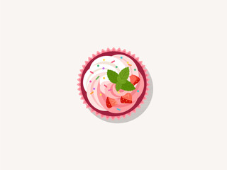 Top view strawberry cupcake with two tone swirl frosting, colorful sprinkles, mint leaf, and berry bits vector © Akasha Design