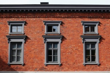 Naklejka premium Old red brick building exterior wall. Six grey trim double hung windows. Some windows open some closed. Flat roof with vent. Classic architecture detail.