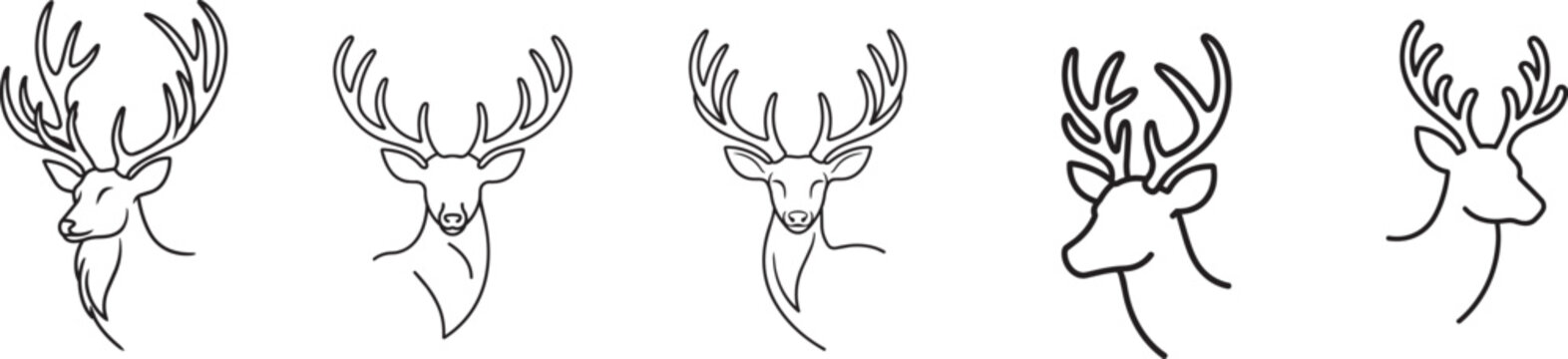 Collection of deer head silhouettes as a simple line art vector graphic.