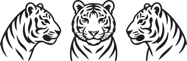 Fototapeta premium Tiger head profile and front view line art set vector illustration.