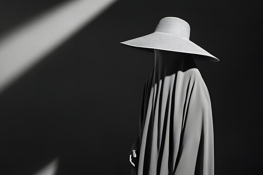 A grayscale photograph showcases a shadowy figure adorned with a distinctively shaped, dark hat that comes to a sharp point at the top and features a wide