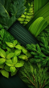 A vibrant arrangement of various green leaves showcasing diverse textures and shapes