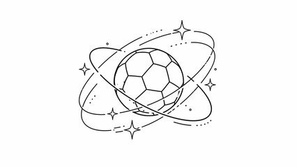Minimalist Line Art Soccer Ball with Orbiting Rings and Stars © Romadlon