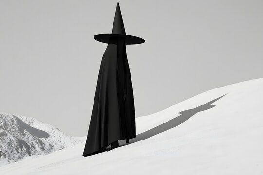 A grayscale photograph showcases a shadowy figure adorned with a distinctively shaped, dark hat that comes to a sharp point at the top and features a wide
