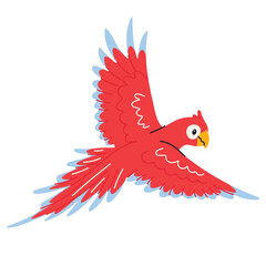 Fototapeta premium Bright red tropical parrot in flight with open wings. Exotic cartoon bird illustration in trendy flat style, hand drawn birds isolated on white background