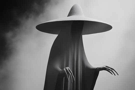 A grayscale photograph showcases a shadowy figure adorned with a distinctively shaped, dark hat that comes to a sharp point at the top and features a wide