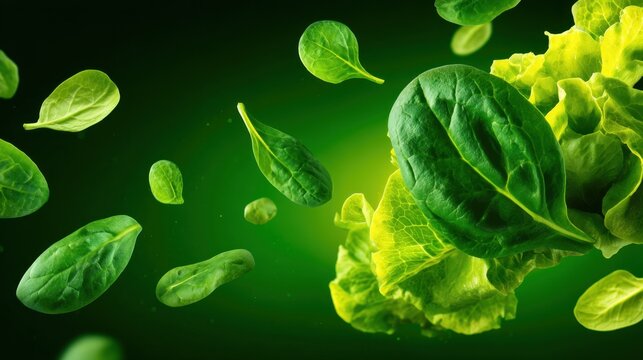 Vibrant green leaves of spinach and lettuce appear to float against a glowing green background