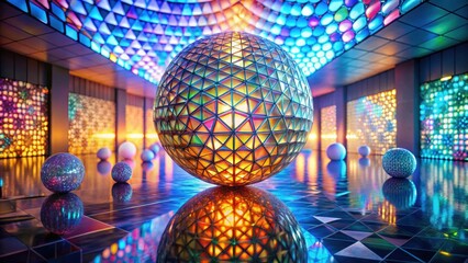 Fototapeta premium Abstract iridescent sphere in a vibrant, geometrically-designed hall with colorful illuminated walls and mirrored floor