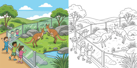 Obraz premium children laughing kangaroos jump visiting zoo cartoon clipart and lineart print vector illustration for coloring book
