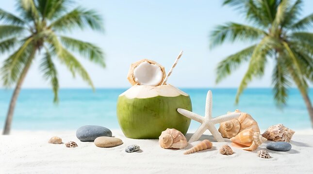 Minuman Kelapa Muda Segar Siap Minum dengan Suasana Pantai Tropis, Bintang Laut, dan Kerang Cantik