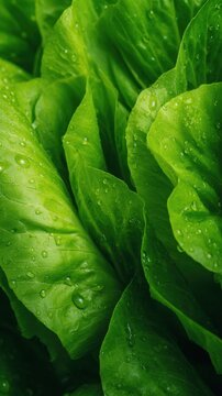 Close-up of vibrant green lettuce leaves glistening with water droplets under soft lighting