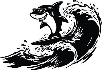 Surfing shark wearing sunglasses rides ocean wave with Aloha surfboard cool animal character illustration in black and white style © Md Nabab ali
