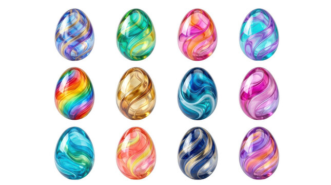 A collection of twelve glossy, colorful easter eggs with swirling marble patterns, isolated against a solid black background