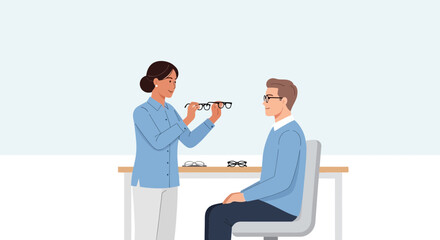 Obraz premium Optician assisting male client choosing new eyeglasses in optical store