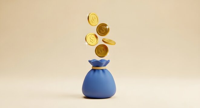 Gold coins falling into blue piggy bank on light background with savings concept