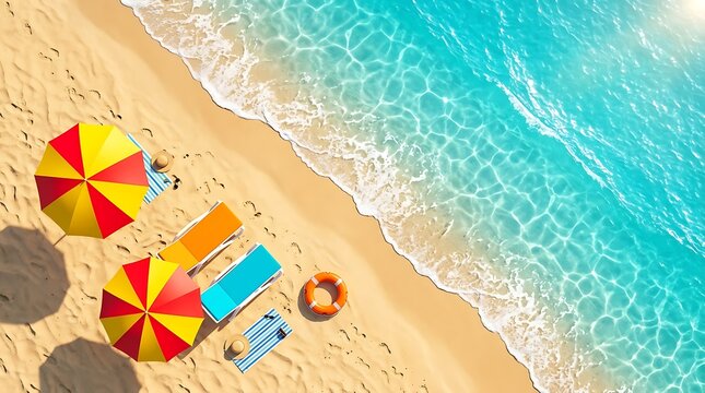 Suasana Pantai Tropis yang Menyenangkan dengan Payung, Kursi Santai, dan Air Laut Jernih di Siang Hari