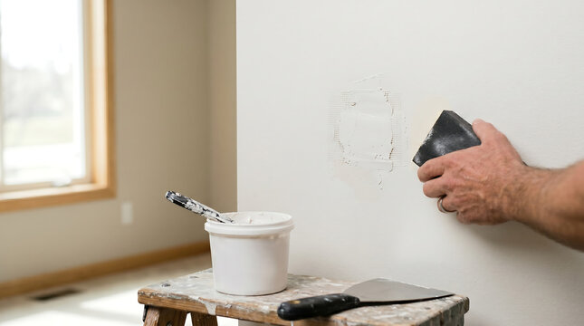 Handyman Applying Spackle and Plastering a White Wall Hole with Putty Knife and Trowel for Drywall Repair and Home Renovation