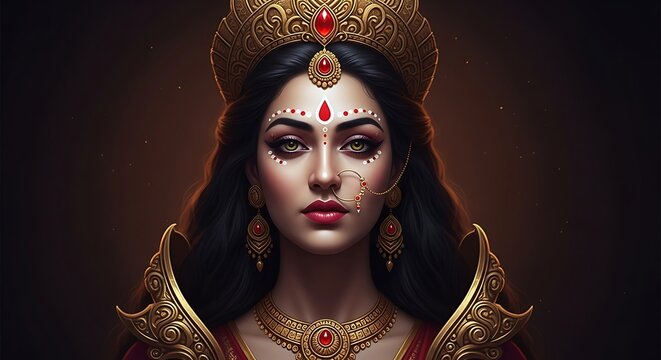 Hindu Goddess Portrait Wearing Crown and Jewelry