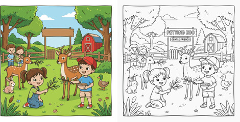 Obraz premium children feeding deer visiting zoo cartoon clipart and lineart print vector illustration for coloring book