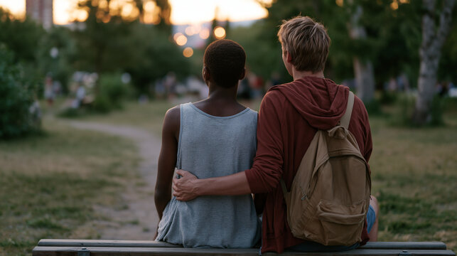 Young male social worker sitting on a park bench beside a teenager who has recently left foster care, neither speaking, both looking toward a July fireworks display on the horizon, the bond of mento