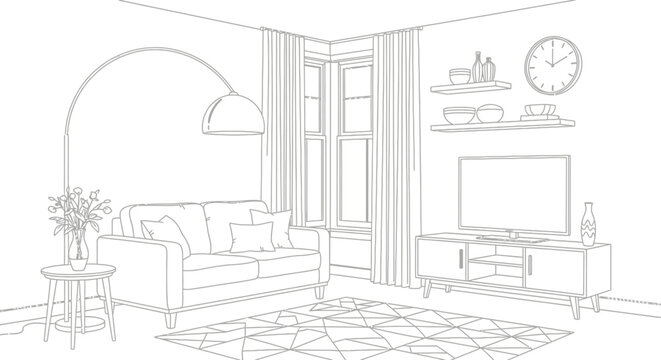 Modern living room interior line art illustration with sofa television stand floor lamp and wall clock vector sketch