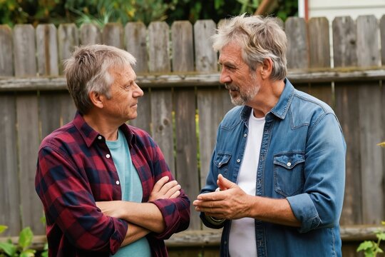 Two older men talk outdoors near wooden fence. One man wears plaid shirt, other wears denim shirt. Friends chat casually in garden setting. Pleasant conversation between neighbors.