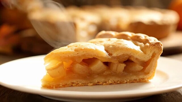 Slice of Apple Pie on Plate with Steam Rising in Warm Kitchen Setting