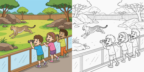 children watching cheetah run visiting zoo cartoon clipart and lineart print vector illustration for coloring book © Avijit